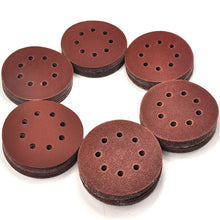 Load image into Gallery viewer, 120 Pack of 5-inch, 8 Hole Hook and Loop Sandpaper Discs for random orbital sanders | Includes 20 discs of each of the following Grits: 40, 60, 80, 120, 150, and 240 | Made of durable, long lasting Aluminium Oxide that is suitable for sanding a wide range of surfaces including including wood, painted surfaces, metals, plastic and other materials | Feature a hook and loop backing that is easy to stick to the random orbital sander, but will not fall off when in use | Easy to identify — Grit number