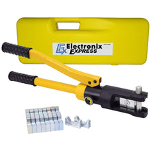 Load image into Gallery viewer, Crimps electrical wire sleeves, lugs, and compressible battery terminal ends effortlessly | Includes 10 dies total, each etched for identification: 16mm², 25mm², 35mm², 50mm², 70mm², 95mm², 120mm², 150mm², 185mm², and 240mm² | Easy to unlock, switch dies, lock, and operate the hydraulic crimping tool | Features rubberized handles that offer comfort while in use | A portable snap-to-close storage case is included for holding the crimper along with all 10 dies, spare gaskets, and instruction manual