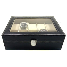 Load image into Gallery viewer, Medium Watch Box with 10 Compartments, Black Faux Leather Display Case with Glass Top - Jewelry Organizer