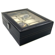 Load image into Gallery viewer, Medium Watch Box with 10 Compartments, Black Faux Leather Display Case with Glass Top - Jewelry Organizer