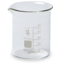 Load image into Gallery viewer, 50ml low form glass Griffin beaker with spout, single scale, graduated | Height: 60mm (approx); outer diameter: 42mm (approx) | High quality inert 3.3 borosilicate glass | Extra large marking spot | ASTM Specification E960, Type I requirements