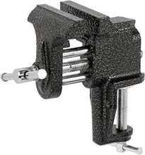 Load image into Gallery viewer, Clamp-on bench vice with jaws that open approximately 3 inches maximum, clamps to any tabletop that is 1.8 inches or less | Keeps your workpieces perfectly still for tasks such as sawing, grinding, drilling, sanding, and polishing | Smooth jaws designed specifically for wood, plastic and light metalworking | Durable metal construction with powder coated protective finish | Convenient portable size that makes it easy to quickly remove and attach as needed