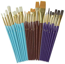 Load image into Gallery viewer, 24 total brushes consisting of 3 different brush hairs and 4 different brush shapes | Can be used with watercolors, oils, temperas and acrylics | 8 golden nylon bristle brushes (5 flats, 1 angular, and 2 tapered) | 8 natural white bristle brushes (4 rounds and 4 flats) | 8 camel hair bristle brushes (three tapered, two flats and three brights)