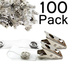 Load image into Gallery viewer, 100 Pack Metal ID Card Badge Clips with Snap-to-Close PVC Straps for 5/8" Slots