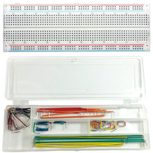 Load image into Gallery viewer, Solderless Breadboard with 830 tie points, Size: 6.5" x 2.1" | Terminal strips: 1, Bus strips: 2 | Nickel plated phosphor bronze spring clip contacts that accept 21 to 26 AWG wire (0.4~0.7mm diameter insertion range) | Includes aluminum backing and an adhesive on the reverse side of the breadboard for attaching it | Includes 70 piece jumper wire kit containing assorted lengths and colors in a convenient plastic storage case