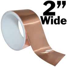 Load image into Gallery viewer, 16 feet of 2 inch wide highly conductive copper tape on a plastic spool for easy dispensing and storage | With it's ability to conform to all surfaces and shapes, this copper tape is suitable for EMI shielding, grounding, paper circuits, electrical repairs, decorations, stained glass, arts & crafts and more! | Features an easy to peel waxed paper backing and you can bend, wrap, twist, tear and layer the tape with ease! | Warning: As the tape is made of real copper foil, the edges can be sharp. P