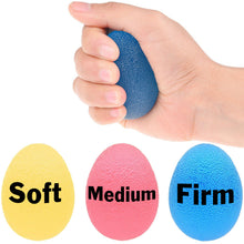 Load image into Gallery viewer, This set of Hand Exercise Eggs have a comfortable, textured surface and 3 different squeeze resistances (soft, medium, firm). Perfect for hand training, physical therapy, injury rehabilitation, etc. | Can be squeezed, rolled or catched to offer a wide range of muscular and motoric/reflex workouts. A perfect solution to strengthen your fingers, palms and forearms. | Other applications include: arthritis relief, stress relief, reducing repetitive strain injuries caused by texting and typing, impro