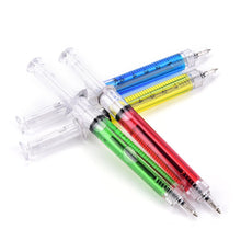 Load image into Gallery viewer, 12 Pack Syringe Pens (Blue Ink) - Liquid-filled, Includes 3 Red, 3 Yellow, 3 Blue and 3 Green - Great for Children's Costumes or Gift for Doctors