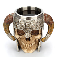 Load image into Gallery viewer, Viking Skeleton Mug with Horn Handles - Stainless Steel Cup Holds 17 Ounces - Gothic Medieval Tankard