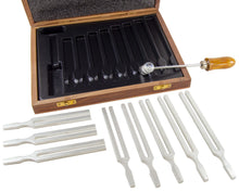 Load image into Gallery viewer, Set of 8 Tuning Forks with Mallet - Middle C to C Above Middle C (256 Hz, 288 Hz, 320 Hz, 341.3 Hz, 384 Hz, 426.6 Hz, 480 Hz, 512 Hz)
