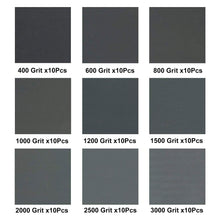 Load image into Gallery viewer, 90 Pack Sandpaper Sheet Assortment, 400 to 3000 Grit for Wet or Dry Sanding 9 x 3.6 Inch Waterproof Sheets for Automotive, Wood Furniture Finishing