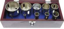 Load image into Gallery viewer, 10 Stone diamond hole saws | Hole saw sizes: 1/4", 3/8", 1", 1-¼", 1-3/8", 1-1/2", 1-3/4", 2", 2-3/8", 2-3/4" | Shank sizes: 1/4" and 3/8" | Diamond-coated tips, grit 80 | Comes in a wooden storage case