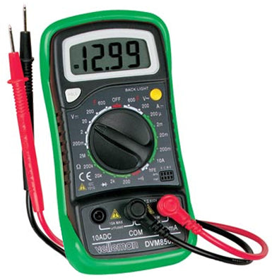DMM with automatic polarity function and 3 1/2 digit LCD display | measurements: DC current up to 10A  AC and DC voltage up to 600V  resistance up to 2Mohm | diode  transistor and continuity test with buzzer | data-hold function and backlight | with protection holster