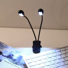 Load image into Gallery viewer, Clip-on Bright Reading Light for Sheet Music Stand, Books, Laptop Keyboard - Dual Flexible Arms, 4 LED Brightness Modes, Powered by USB or Batteries