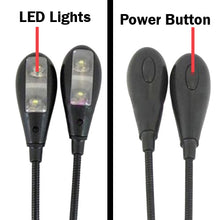 Load image into Gallery viewer, Clip-on Bright Reading Light for Sheet Music Stand, Books, Laptop Keyboard - Dual Flexible Arms, 4 LED Brightness Modes, Powered by USB or Batteries