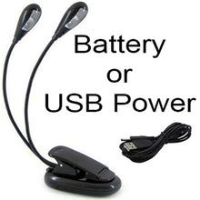 Load image into Gallery viewer, Clip-on Bright Reading Light for Sheet Music Stand, Books, Laptop Keyboard - Dual Flexible Arms, 4 LED Brightness Modes, Powered by USB or Batteries
