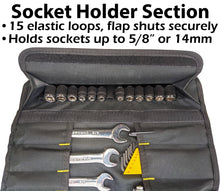 Load image into Gallery viewer, Portable 22 Pocket Tool Holder with 15 Socket Slots, Organizer Rolls into Bag with Handle, Ideal for Travel and On-Site Jobs, Measures 22" x 14" Unrolled