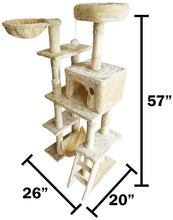 Load image into Gallery viewer, Beige Cat Tree Tower for Indoor Cats & Kittens, 57" Tall Multi-Level with Comfy Perch & Basket, Hideaway Condo, Sisel Scratcher Posts & Mini Ladder