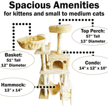 Load image into Gallery viewer, Beige Cat Tree Tower for Indoor Cats & Kittens, 57" Tall Multi-Level with Comfy Perch & Basket, Hideaway Condo, Sisel Scratcher Posts & Mini Ladder
