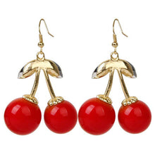 Load image into Gallery viewer, 1 Pair Red Cherry Dangle Earrings, Gold Color Metal with Green Rhinestone Accents, 1.6-Inch Height