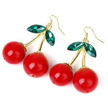 Load image into Gallery viewer, 1 Pair Red Cherry Dangle Earrings, Gold Color Metal with Green Rhinestone Accents, 1.6-Inch Height