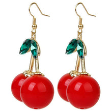 Load image into Gallery viewer, 1 Pair Red Cherry Dangle Earrings, Gold Color Metal with Green Rhinestone Accents, 1.6-Inch Height