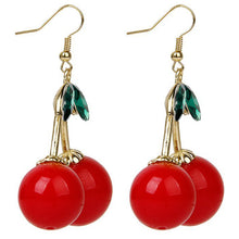 Load image into Gallery viewer, 1 Pair Red Cherry Dangle Earrings, Gold Color Metal with Green Rhinestone Accents, 1.6-Inch Height