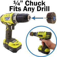 Load image into Gallery viewer, 12 Pack ¼" Shank Flap Wheels in Assorted Grits, Includes 40, 60, 80, and 120 Grit Aluminum Oxide Sandpaper - 2"×1"×¼" Fits All Drill Chucks