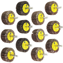 Load image into Gallery viewer, 12 Pack ¼" Shank Flap Wheels in Assorted Grits, Includes 40, 60, 80, and 120 Grit Aluminum Oxide Sandpaper - 2"×1"×¼" Fits All Drill Chucks
