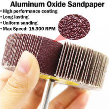 Load image into Gallery viewer, 12 Pack ¼" Shank Flap Wheels in Assorted Grits, Includes 40, 60, 80, and 120 Grit Aluminum Oxide Sandpaper - 2"×1"×¼" Fits All Drill Chucks