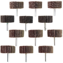 Load image into Gallery viewer, 12 Pack ¼" Shank Flap Wheels in Assorted Grits, Includes 40, 60, 80, and 120 Grit Aluminum Oxide Sandpaper - 2"×1"×¼" Fits All Drill Chucks