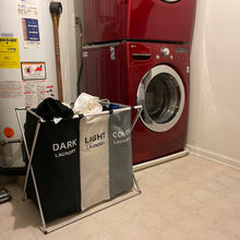 Load image into Gallery viewer, 3 Section Laundry Basket for Dark, Light, and Color Clothes Hamper, Collapsible Design with Carry Handle, 26" Long x 15" Wide x 23.5" Tall