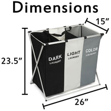 Load image into Gallery viewer, 3 Section Laundry Basket for Dark, Light, and Color Clothes Hamper, Collapsible Design with Carry Handle, 26" Long x 15" Wide x 23.5" Tall