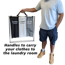 Load image into Gallery viewer, 3 Section Laundry Basket for Dark, Light, and Color Clothes Hamper, Collapsible Design with Carry Handle, 26" Long x 15" Wide x 23.5" Tall