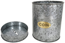 Load image into Gallery viewer, Galvanized Coin Can with Coin Slot & Removable Lid, Silver Piggybank with Gold Emblem on Front, Rustic Farmhouse Design for Country Themed Room / Home