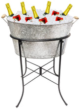 Load image into Gallery viewer, 10.5" Tall 8 Gallon Free-Standing Galvanized Metal Beverage Tub with Removable Stand, Wooden Carry Handles - Ice Bucket Drink Holder for Indoor or Outdoor Party