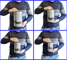 Load image into Gallery viewer, Set of 4 Galvanized Metal Kitchen Storage Canisters with Lids - Includes a Container for Flour, Sugar, Coffee, & Tea - Rustic Country Farmhouse Theme