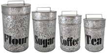 Load image into Gallery viewer, Set of 4 Galvanized Metal Kitchen Storage Canisters with Lids - Includes a Container for Flour, Sugar, Coffee, & Tea - Rustic Country Farmhouse Theme