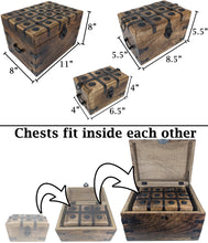 Load image into Gallery viewer, Set of 3 Wooden Pirate Treasure Chests, Includes Small, Medium, and Large Hinged Chests Decorated with Ornate Metal Accents and Hasps for Locks