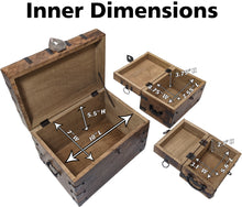 Load image into Gallery viewer, Set of 3 Wooden Pirate Treasure Chests, Includes Small, Medium, and Large Hinged Chests Decorated with Ornate Metal Accents and Hasps for Locks