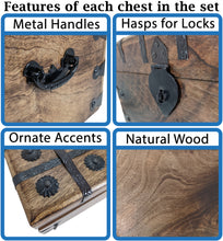 Load image into Gallery viewer, Set of 3 Wooden Pirate Treasure Chests, Includes Small, Medium, and Large Hinged Chests Decorated with Ornate Metal Accents and Hasps for Locks