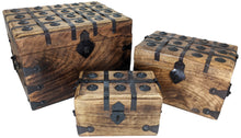 Load image into Gallery viewer, Set of 3 Wooden Pirate Treasure Chests, Includes Small, Medium, and Large Hinged Chests Decorated with Ornate Metal Accents and Hasps for Locks