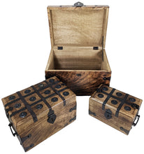 Load image into Gallery viewer, Set of 3 Wooden Pirate Treasure Chests, Includes Small, Medium, and Large Hinged Chests Decorated with Ornate Metal Accents and Hasps for Locks