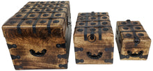 Load image into Gallery viewer, Set of 3 Wooden Pirate Treasure Chests, Includes Small, Medium, and Large Hinged Chests Decorated with Ornate Metal Accents and Hasps for Locks