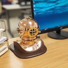 Load image into Gallery viewer, 8 Inch Solid Copper and Brass Miniature Replica 1941 U.S. Navy Mark IV Diving Helmet with Wooden Display Stand, Nautical Marine Memorabilia Decoration