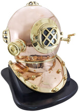 Load image into Gallery viewer, 18 Inch Solid Copper & Brass Replica 1941 U.S. Navy Mark IV Diving Helmet + Wooden Display Stand, Collectible Nautical Marine Memorabilia Decoration