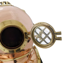 Load image into Gallery viewer, 18 Inch Solid Copper & Brass Replica 1941 U.S. Navy Mark IV Diving Helmet + Wooden Display Stand, Collectible Nautical Marine Memorabilia Decoration