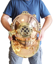 Load image into Gallery viewer, 18 Inch Solid Copper & Brass Replica 1941 U.S. Navy Mark IV Diving Helmet + Wooden Display Stand, Collectible Nautical Marine Memorabilia Decoration