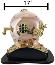 Load image into Gallery viewer, 18 Inch Solid Copper & Brass Replica 1941 U.S. Navy Mark IV Diving Helmet + Wooden Display Stand, Collectible Nautical Marine Memorabilia Decoration