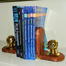 Load image into Gallery viewer, Brass Replica Mark IV Diving Helmet Bookend Pair - Stained Wooden Bases, Functional & Decorative Nautical Marine Memorabilia (5.7" L × 4" W × 6.7" H)